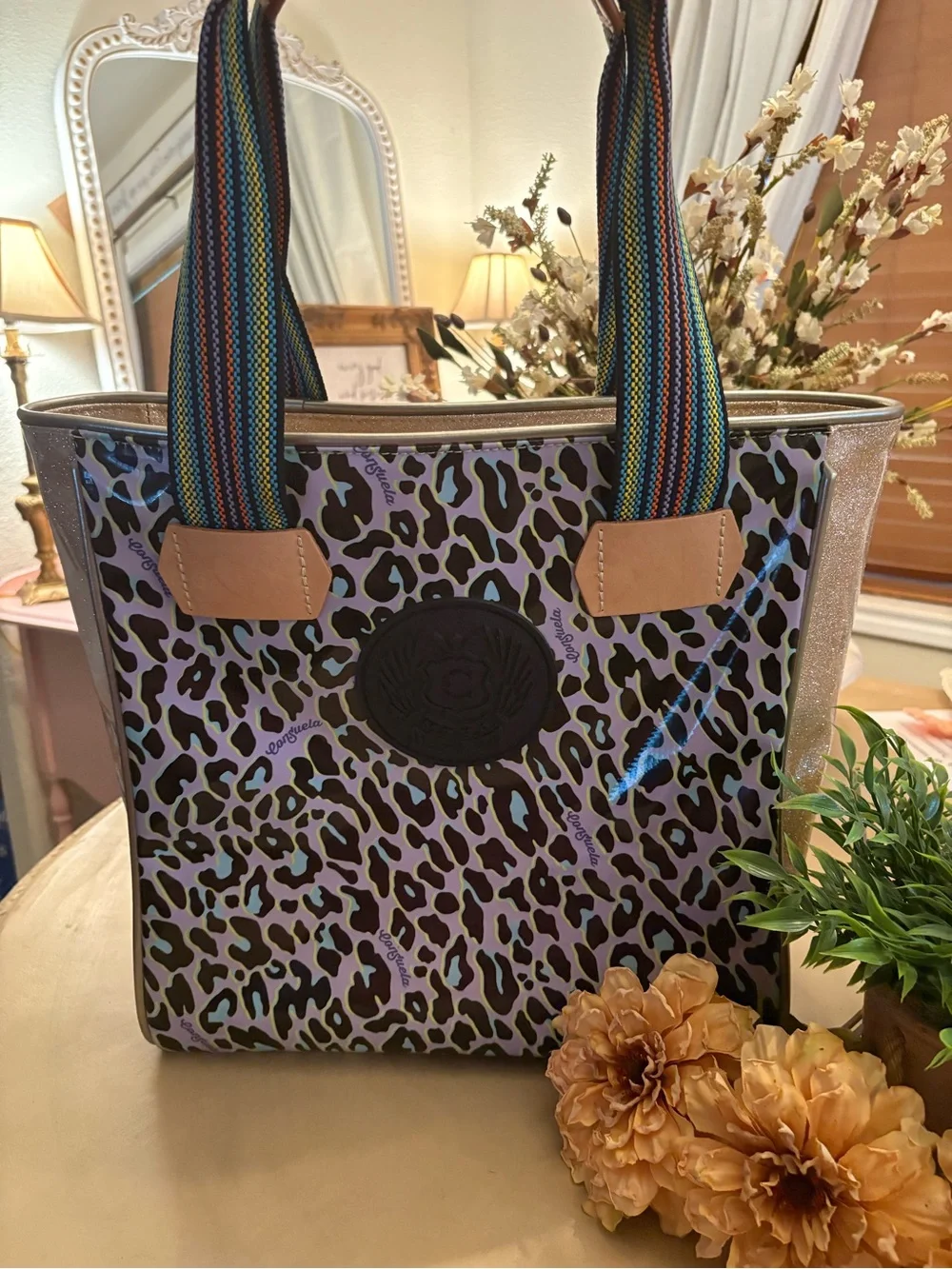 Leopard Print Tote Bag with Rainbow Straps - Multicolor